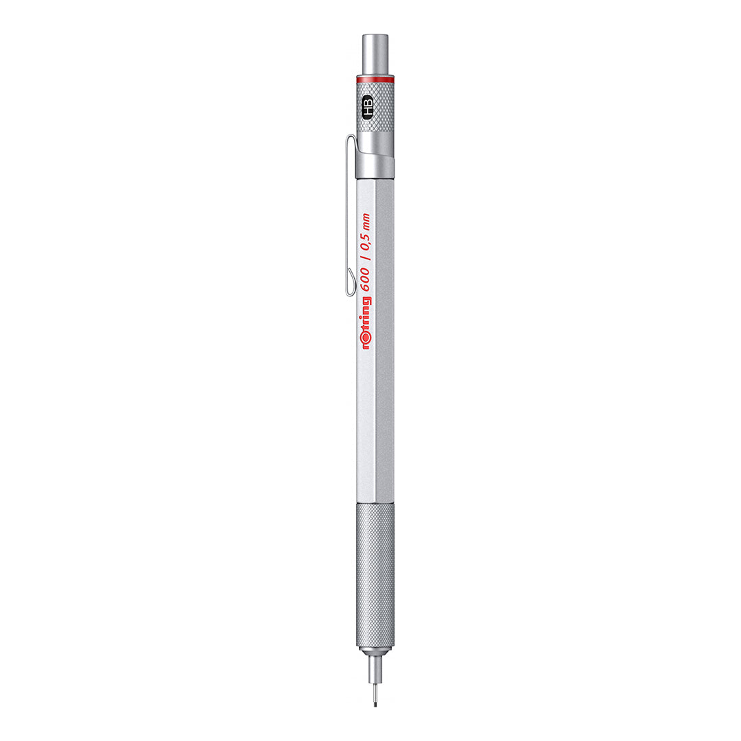 Rotring 600 Series Silver 0.5mm Mechanical Pencil HB Lead,Metal  Body,Hexagonal Barrel, Inbuilt Eraser,Push-Button Cap,Non-Slip Metal  Knurled Grip.