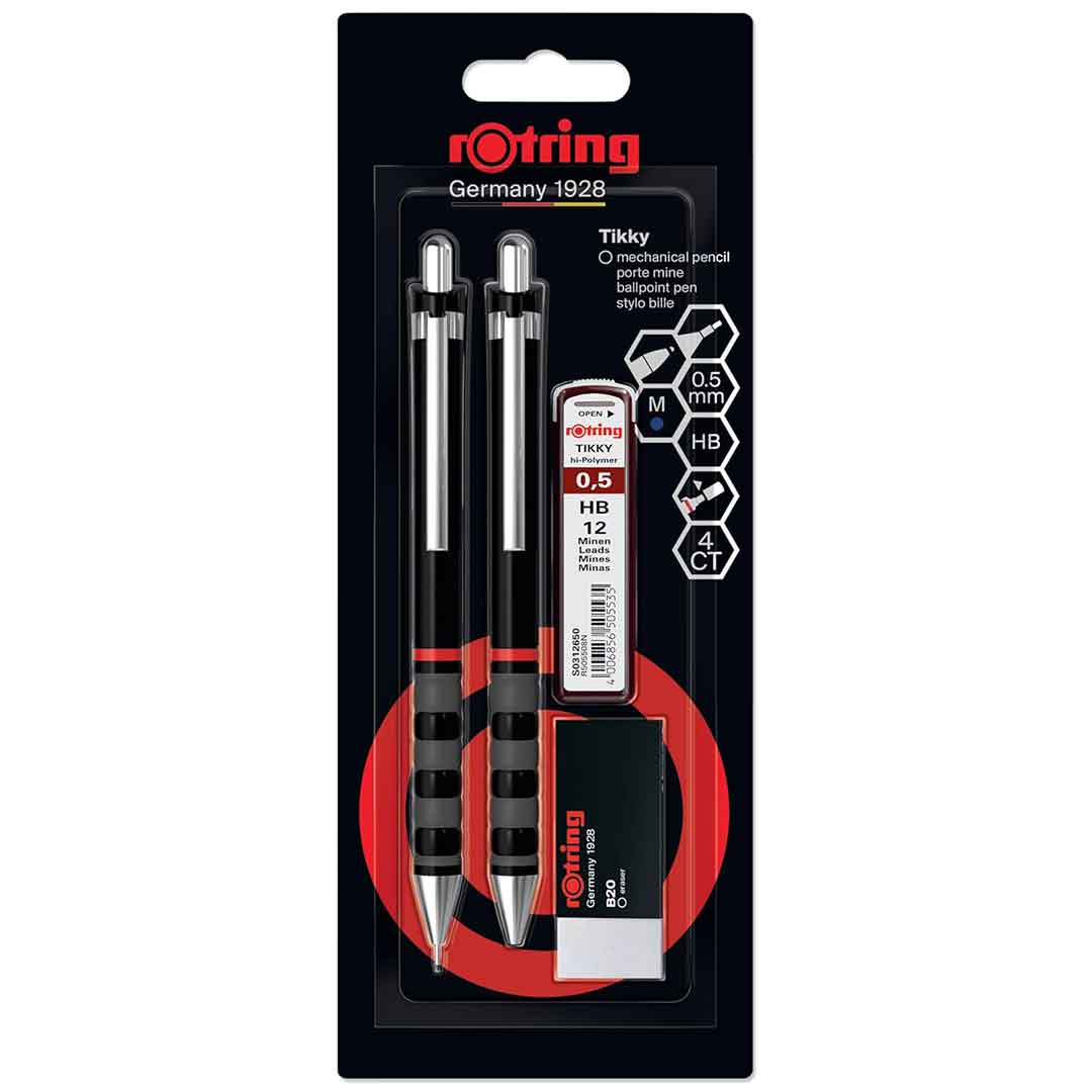 Rotring | Tikky | Mechanical Pencil, Ballpoint, Eraser & Lead Refills Set | HB Lead, 0.5 mm Pencil | Medium Point Pen | Black Barrel | Lightweight with Rubberised Grip