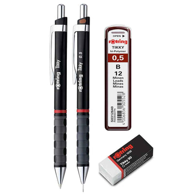 Rotring | Tikky | Mechanical Pencil, Ballpoint, Eraser & Lead Refills Set | HB Lead, 0.5 mm Pencil | Medium Point Pen | Black Barrel | Lightweight with Rubberised Grip