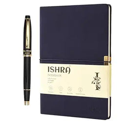 ISHRA  Navy Blue  A5 Ruled Notebook & Black Roller Pen with Gold Trims | Blue Ink | Gift Set
