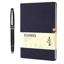 ISHRA  Navy Blue  A5 Ruled Notebook & Black Roller Pen with Chrome Trims | Blue Ink | Gift Set