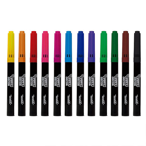 Jovi Decor Fabric Textile Marker, 4.8mm Brush Tip Pen, Water Based Ink, 12 Assorted Vibrant Colours, Ideal for Any Kind of Fabric DIY T-Shirts Project Handicrafts Art & Craft Kids Adults