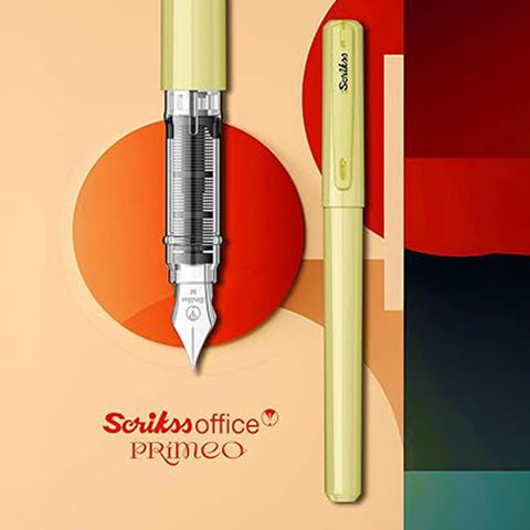 Scrikss Primeo Medium Nib Fountain Pen | 3 Cartridges Included | Stainless Steel Nib & ABS Body | Kiwi Green | in Blister Pack