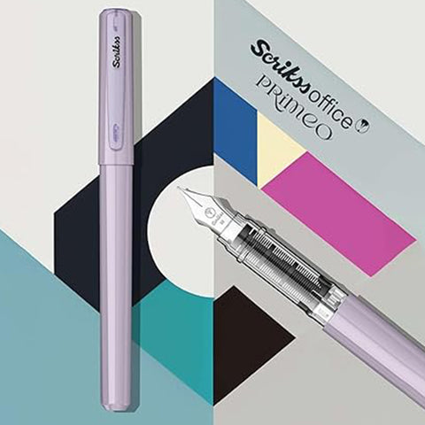 Scrikss Primeo Medium Nib Fountain Pen | 3 Cartridges Included | Stainless Steel Nib & ABS Body | Lilac | in Blister Pack