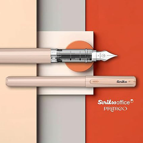 Scrikss Primeo Medium Nib Fountain Pen | 3 Cartridges Included | Stainless Steel Nib & ABS Body | Latte Pastel Brown| in Blister Pack