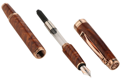 Cleo Skribent | Natura | Fountain Ink Pen with Ink Pot | 18K Gold Bicolour Nib | Amboyna Burl Body of Hardwood | Rose Gold-Plated Trims