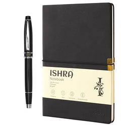 ISHRA Black A5 Ruled Notebook & Black Roller Pen with Chrome Trims | Blue Ink | Gift Set