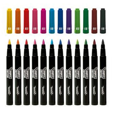 Jovi Decor Fabric Textile Marker, 4.8mm Brush Tip Pen, Water Based Ink, 12 Assorted Vibrant Colours, Ideal for Any Kind of Fabric DIY T-Shirts Project Handicrafts Art & Craft Kids Adults