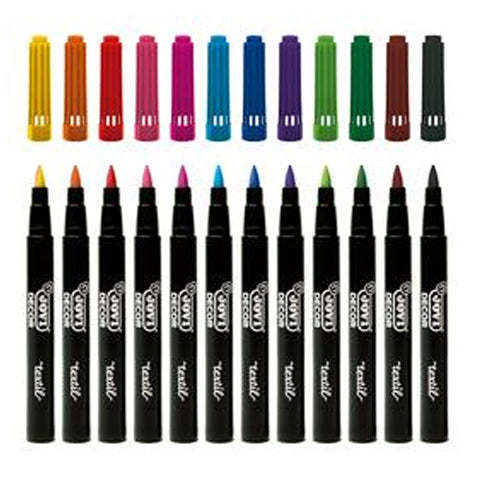 Jovi Decor Fabric Textile Marker, 4.8mm Brush Tip Pen, Water Based Ink, 12 Assorted Vibrant Colours, Ideal for Any Kind of Fabric DIY T-Shirts Project Handicrafts Art & Craft Kids Adults