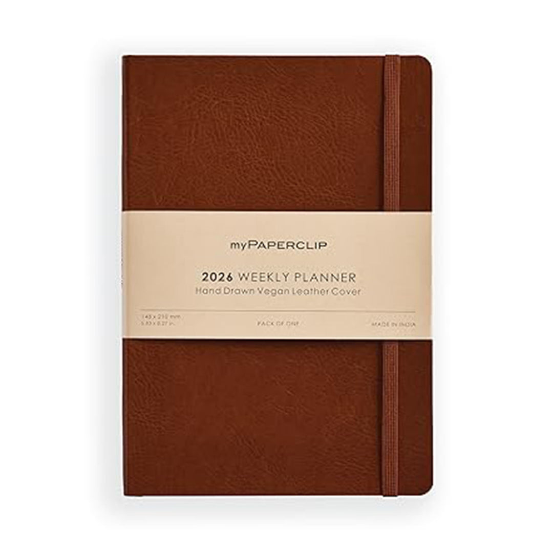myPAPERCLIP 2026 Weekly Planner | A5 Size | Italian Vegan Leather Cover | 192 Pages, 80 GSM | Light Brown