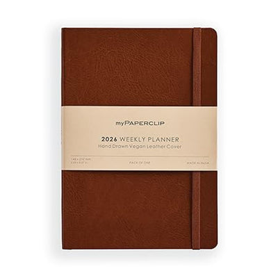 myPAPERCLIP 2026 Weekly Planner | A5 Size | Italian Vegan Leather Cover | 192 Pages, 80 GSM | Light Brown