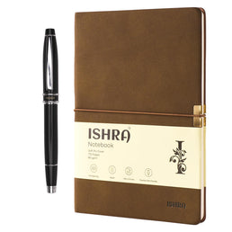 ISHRA Brown A5 Ruled Notebook & Black Roller Pen with Chrome Trims | Blue Ink | Gift Set