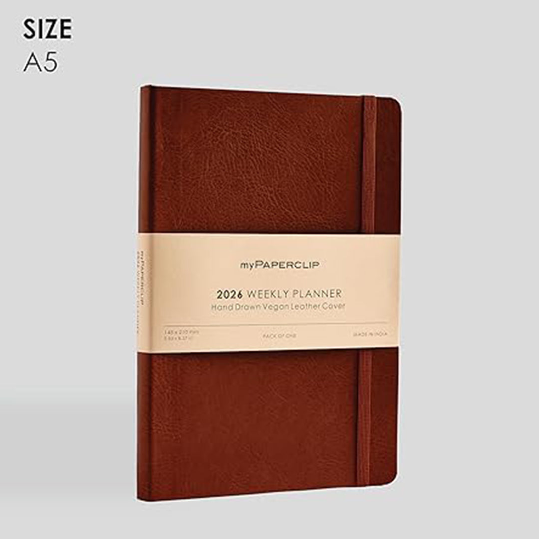 myPAPERCLIP 2026 Weekly Planner | A5 Size | Italian Vegan Leather Cover | 192 Pages, 80 GSM | Light Brown
