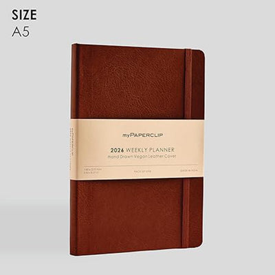 myPAPERCLIP 2026 Weekly Planner | A5 Size | Italian Vegan Leather Cover | 192 Pages, 80 GSM | Light Brown