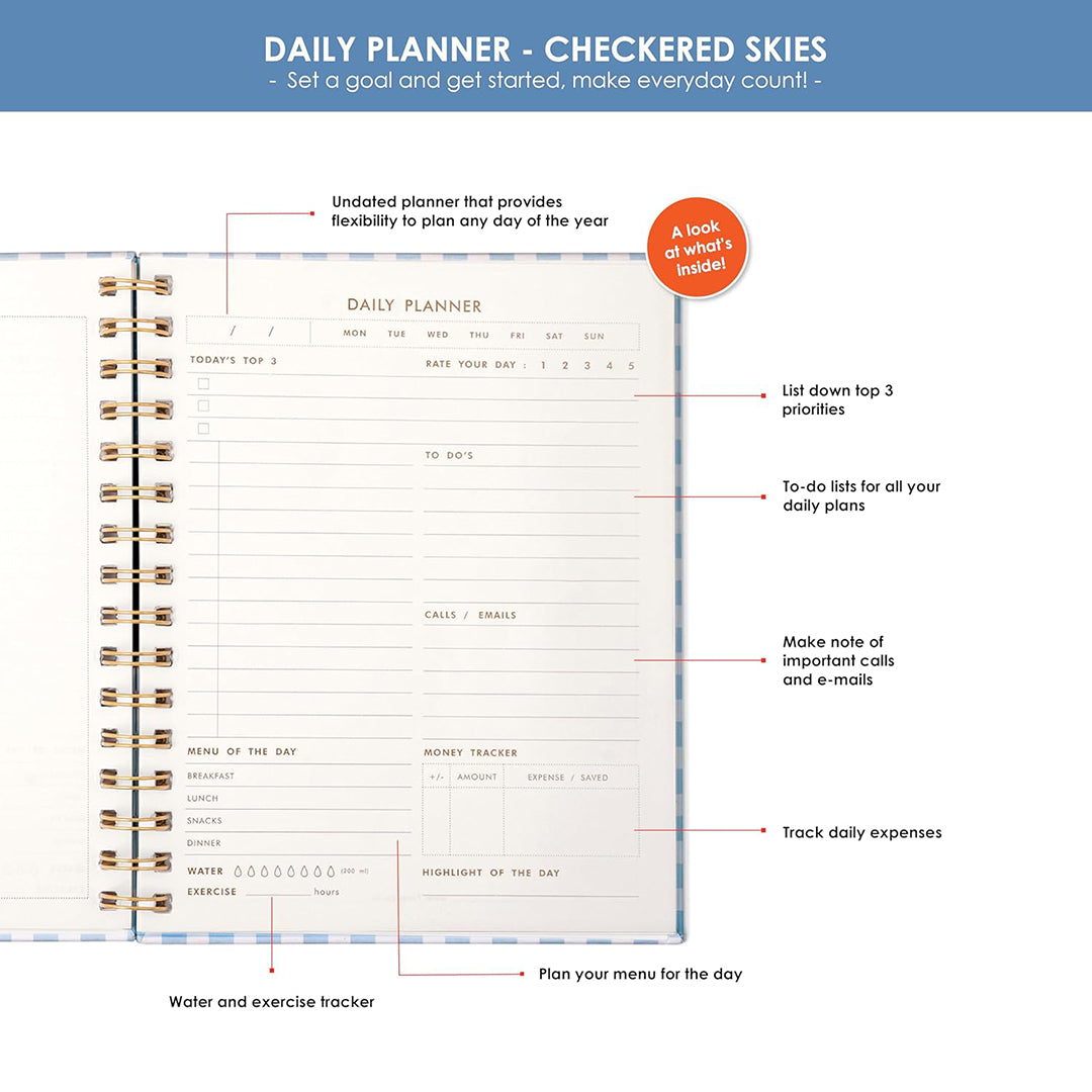 7mm Between the Lines | Daily Undated Planner Notebook | Checkered Skies | 150 Pages