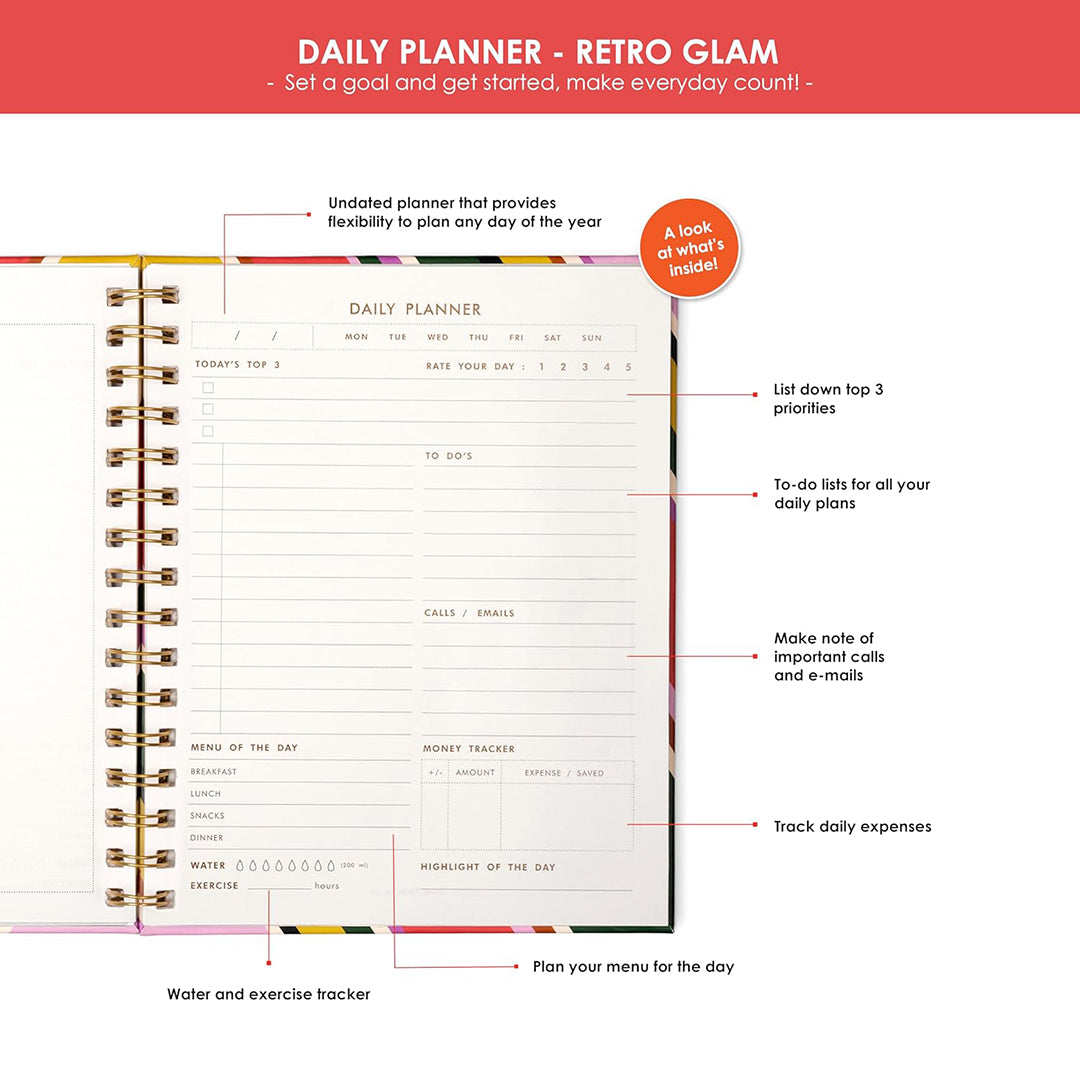 7mm Between the Lines | Daily Undated Planner Notebook | Retro Glam | 150 Pages