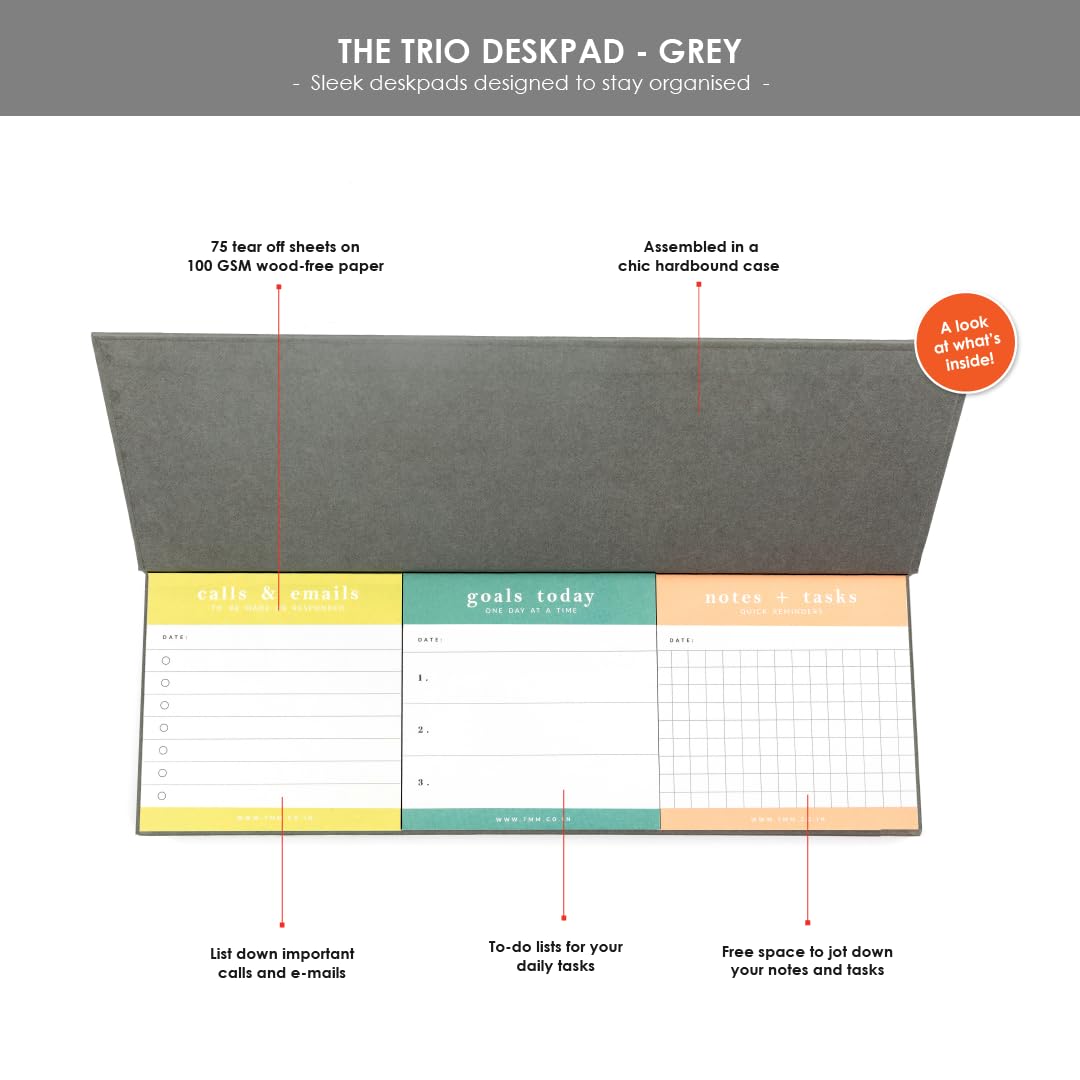 7mm Between the Lines | Trio Desk Pad | Grey | Printed Hardbound Notepad