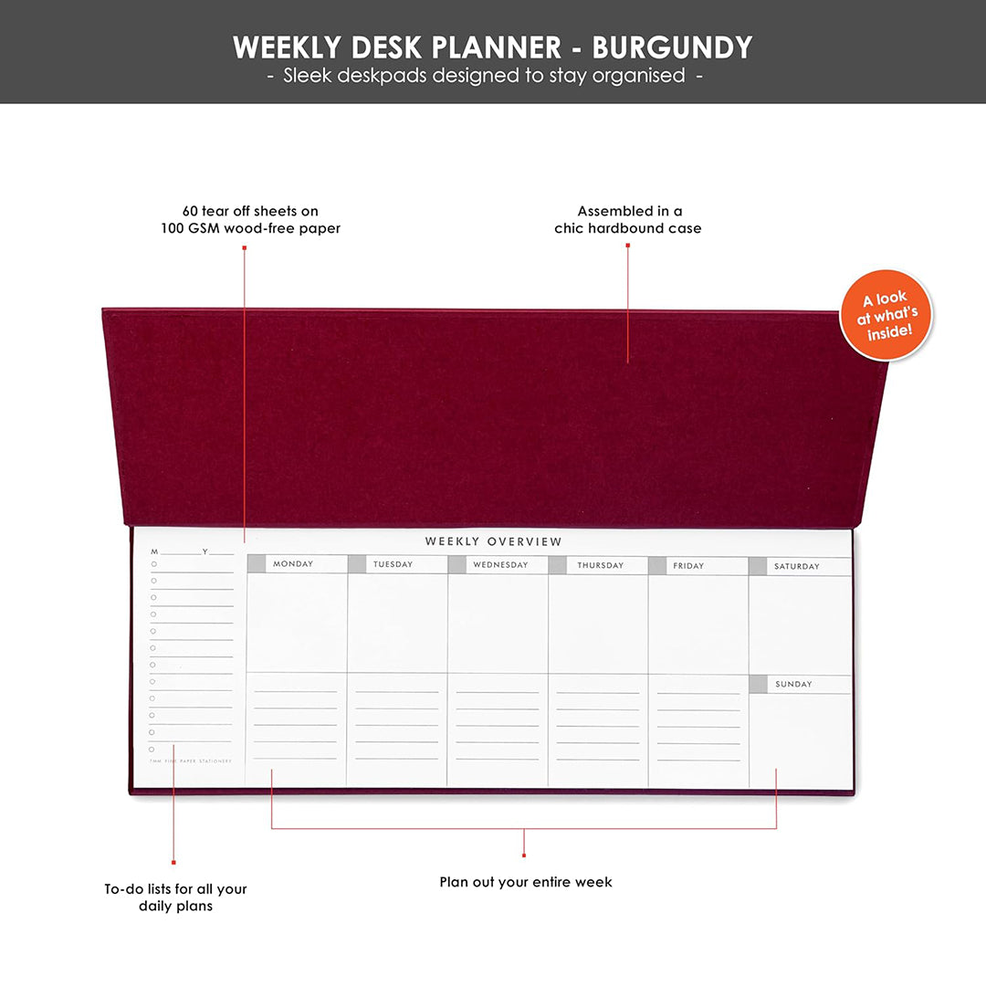 7mm Between the Lines | Undated Weekly Desk Planner | Burgundy | Printed Hardbound Notepad | 60 Leaves