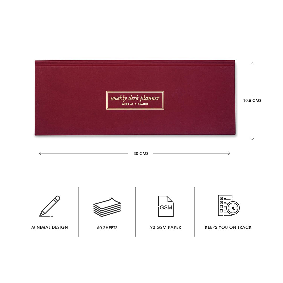 7mm Between the Lines | Undated Weekly Desk Planner | Burgundy | Printed Hardbound Notepad | 60 Leaves