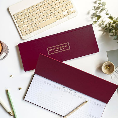 7mm Between the Lines | Undated Weekly Desk Planner | Burgundy | Printed Hardbound Notepad | 60 Leaves