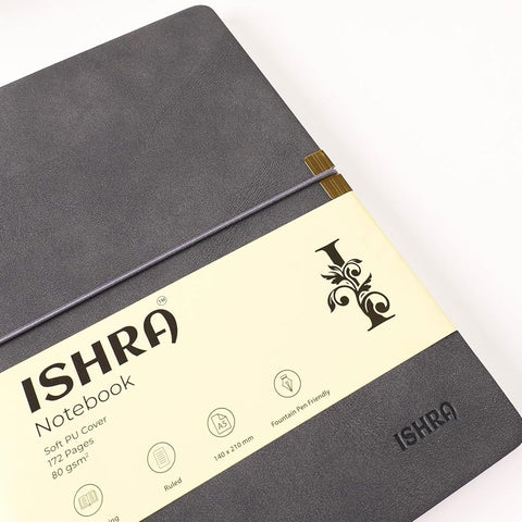 ISHRA A5 Size Ruled Notebook | Ideal Note Book Journal Diary for Work Office Writing Journaling Note Taking Travel | Dark Grey Soft Cover| 172 Pages | 80gsm | Fountain Pen Friendly Paper