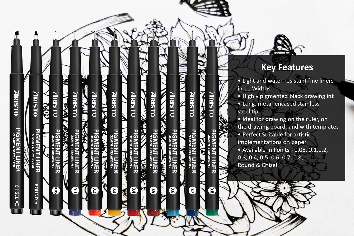 Aristo | Pigment Liner | 0.05, 0.1, 0.2, 0.3, 0.5, 0.8mm | Set of 6 pens