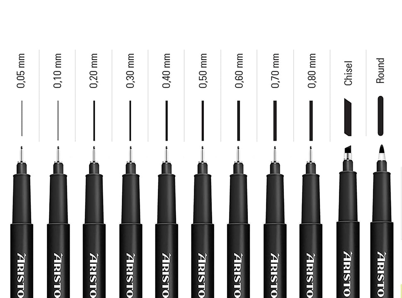 Aristo | Pigment Liner | 0.05, 0.1, 0.2, 0.3, 0.5, 0.8mm | Set of 6 pens