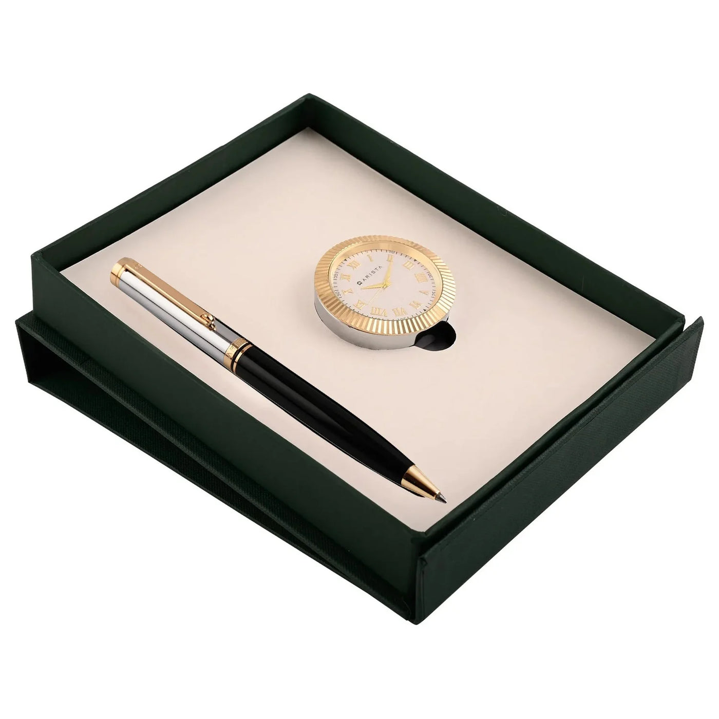 Arista | Ballpoint Pen | Black Barrel Chrome Cap With Gold Trim | With Gold Chrome Table Clock