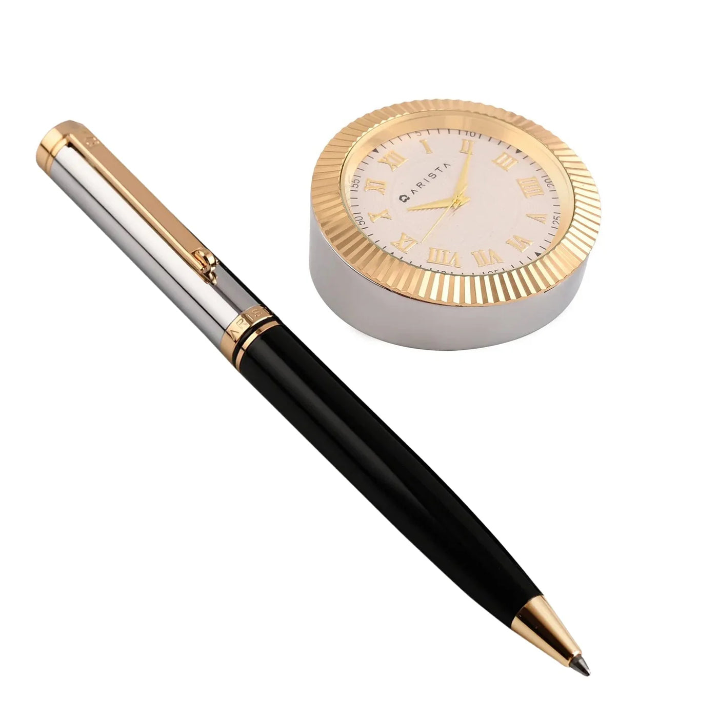 Arista | Ballpoint Pen | Black Barrel Chrome Cap With Gold Trim | With Gold Chrome Table Clock