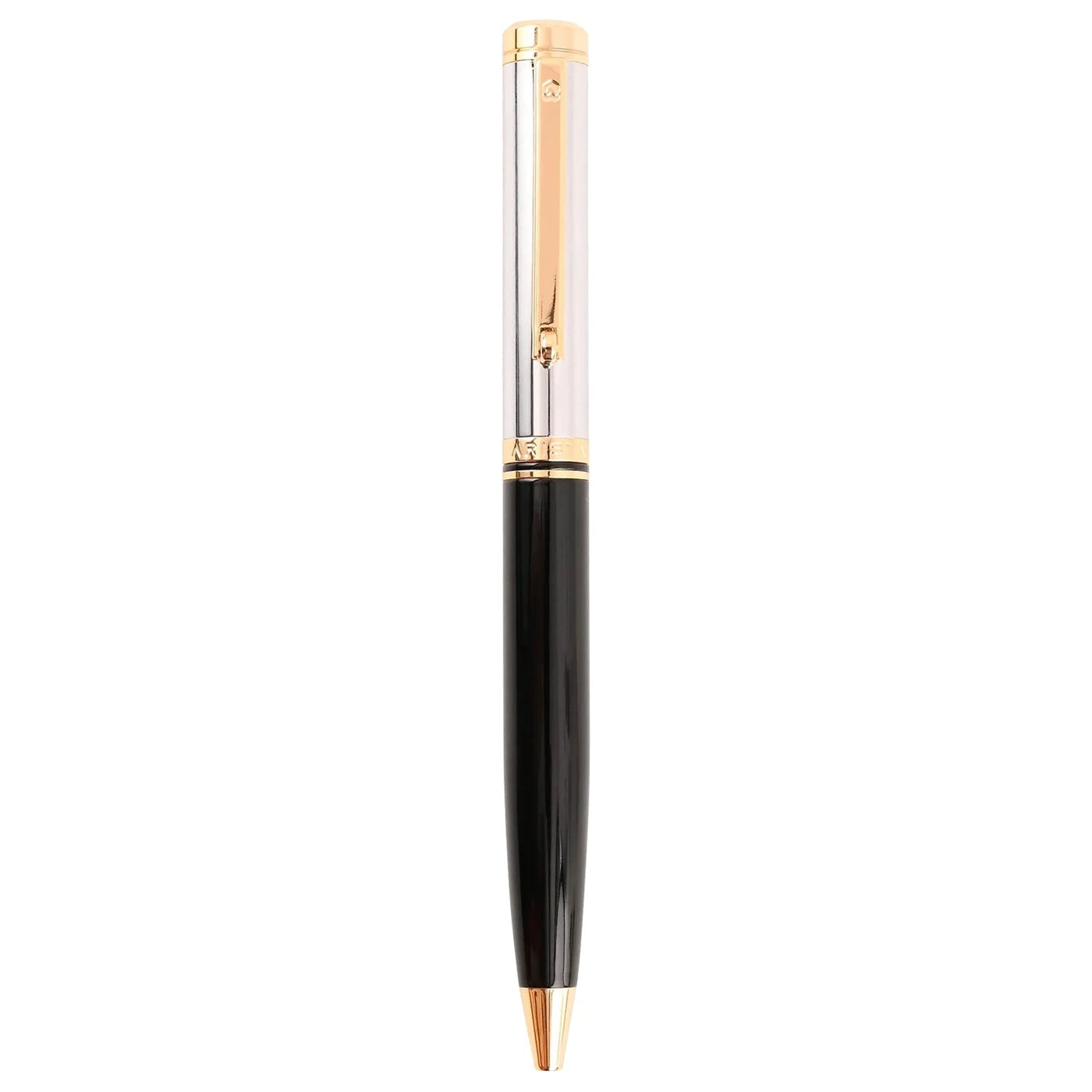 Arista | Ballpoint Pen | Black Barrel Chrome Cap With Gold Trim | With Gold Chrome Table Clock