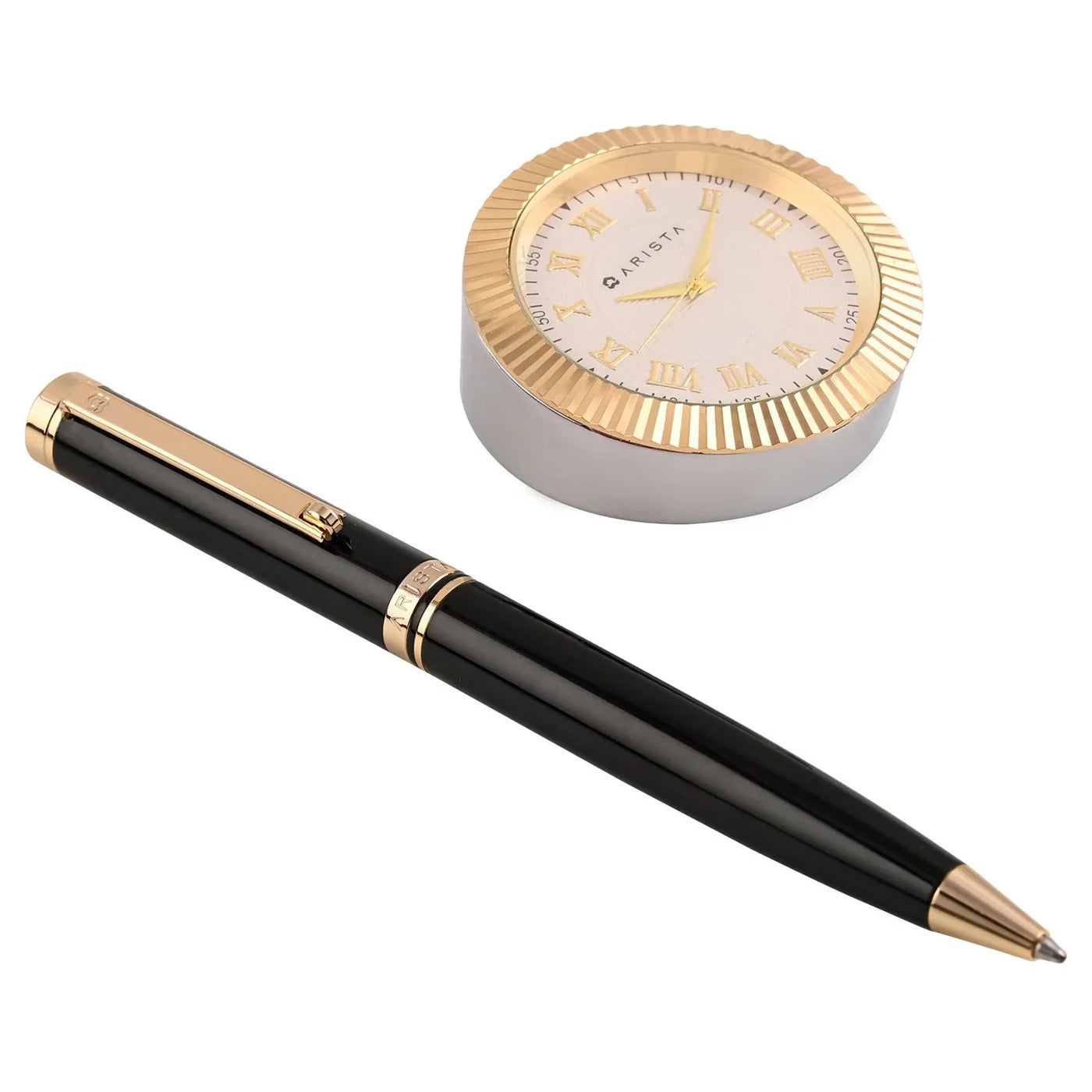 Arista | Ballpoint Pen | Black With Gold Trim | With Gold Chrome Table Clock