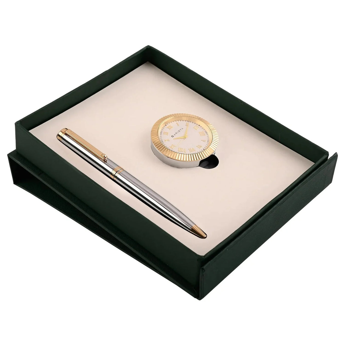 Arista | Ballpoint Pen | Chrome With Gold Trim | With Gold Table Clock