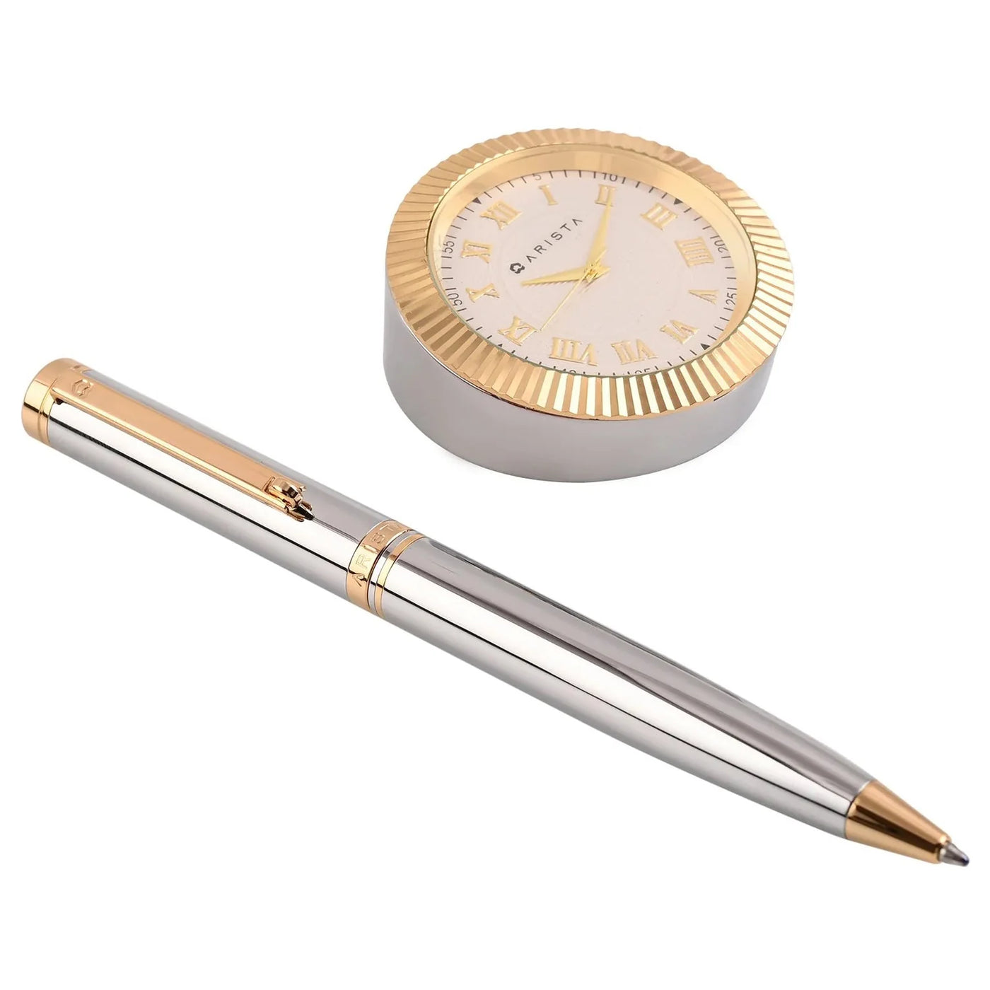 Arista | Ballpoint Pen | Chrome With Gold Trim | With Gold Table Clock