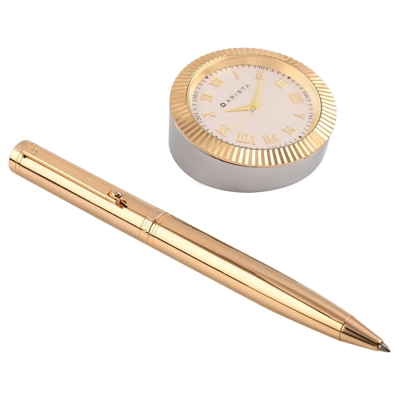 Arista | Ballpoint Pen | Full Gold | With Gold Table Clock With Pencil Mechanism
