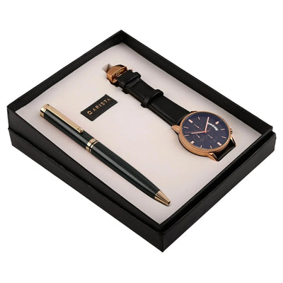 Arista | Ballpoint Pen | Black With Gold Trim | With Elgin Watch