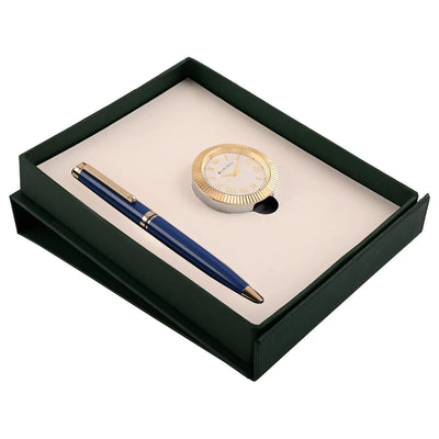 Arista | Ballpoint Pen | Sapphire Blue With Gold Trim | With Gold Table Clock