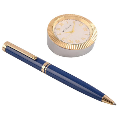 Arista | Ballpoint Pen | Sapphire Blue With Gold Trim | With Gold Table Clock