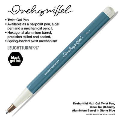 LEUCHTTURM1917 Gel Pen with Document Proof Black Ink | Drehgriffel No. 1 | Stone Blue| Twist Mechanism