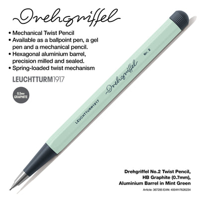 LEUCHTTURM1917 0.7mm Mechanical Clutch Pencil | Graphite HB Lead | Drehgriffel No. 2 | Mint Green | Twist Mechanism