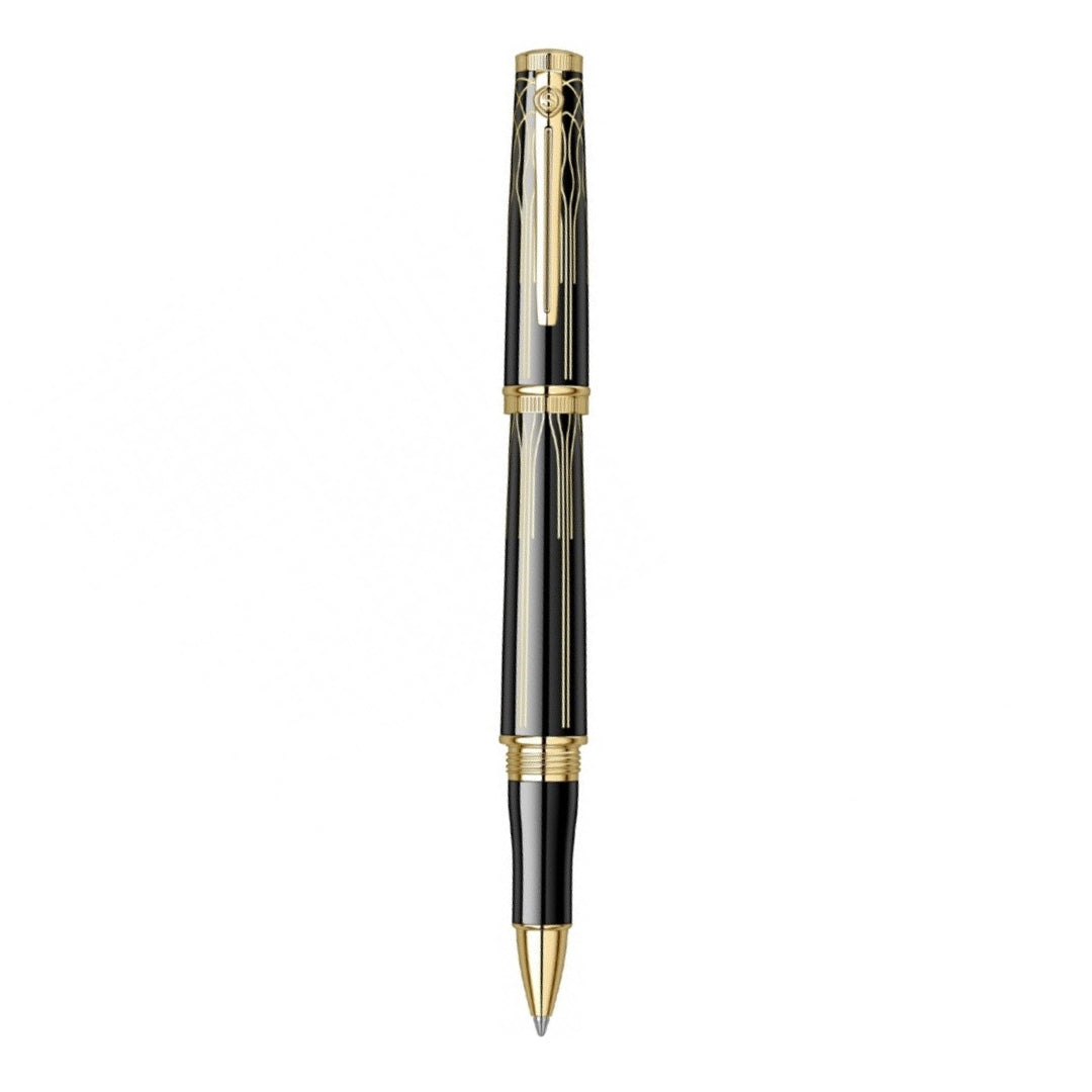 Scrikss Heritage Glossy Black Roller ball Pen With  23k Gold Plated Engraved Design, 1.0mm Point refill