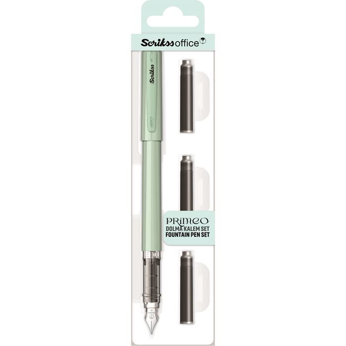 Scrikss Primeo Medium Nib Fountain Pen | 3 Cartridges Included | Stainless Steel Nib & ABS Body | Mint | in Blister Pack