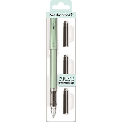 Scrikss Primeo Medium Nib Fountain Pen | 3 Cartridges Included | Stainless Steel Nib & ABS Body | Mint | in Blister Pack
