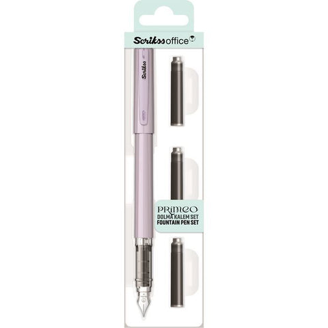 Scrikss Primeo Medium Nib Fountain Pen | 3 Cartridges Included | Stainless Steel Nib & ABS Body | Lilac | in Blister Pack