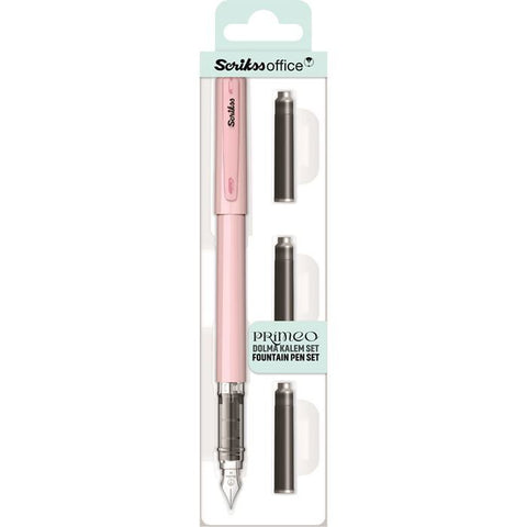 Scrikss Primeo Medium Nib Fountain Pen | 3 Cartridges Included | Stainless Steel Nib & ABS Body | Pink | in Blister Pack
