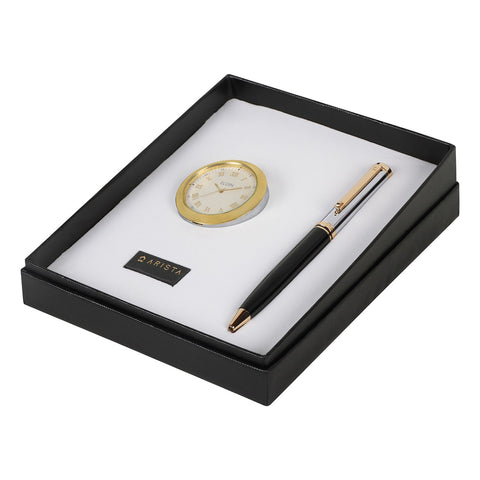 Arista | Ballpoint Pen | Black Barrel Chrome Cap With Gold Trim | With Gold Chrome Table Clock