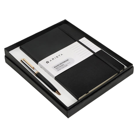 Arista | Ballpoint Pen | Black Barrel Chrome Cap With Gold Trim | With A5 Note Book
