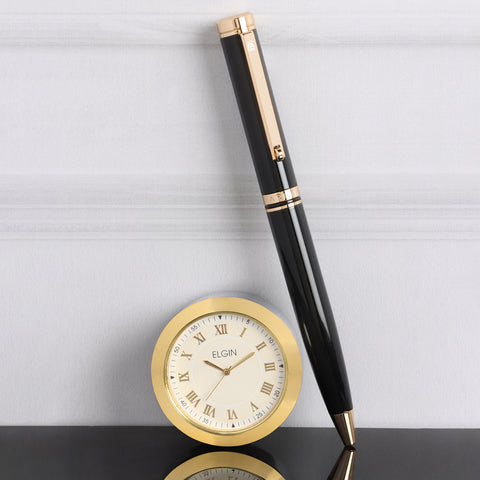 Arista | Ballpoint Pen | Black With Gold Trim | With Gold Chrome Table Clock