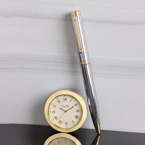 Arista | Ballpoint Pen | Chrome With Gold Trim | With Gold Table Clock