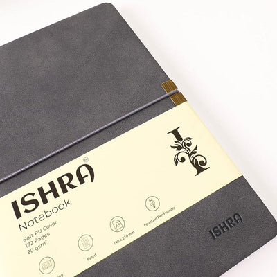ISHRA A5 Size Ruled Notebook | Ideal Note Book Journal Diary for Work Office Writing Journaling Note Taking Travel | Dark Grey Soft Cover| 172 Pages | 80gsm | Fountain Pen Friendly Paper - penpencilink