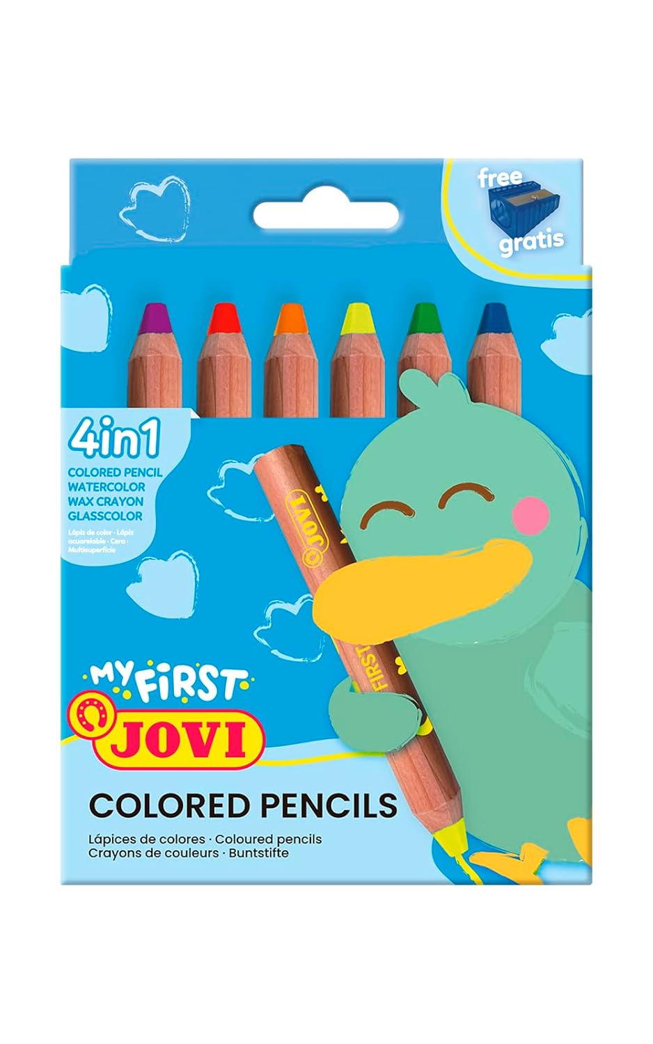 Jovi My First 6 Extra Thick Coloured Pencils for Children (12+ Months) with Sharpener – 4 - in - 1 Assorted Colours - penpencilink